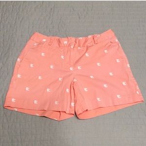 Talbots, fish embroidered, coral shorts.